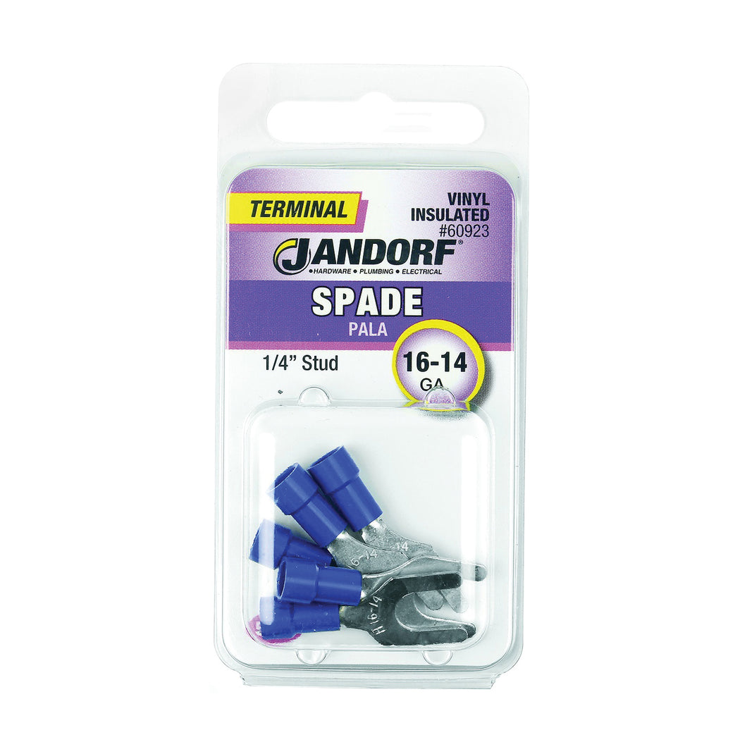 Jandorf 60923 Spade Terminal, 600 V, 16 to 14 AWG Wire, 1/4 in Stud, Vinyl Insulation, Copper Contact, Blue