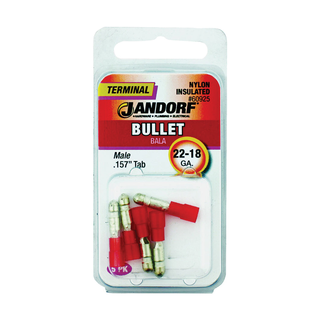Jandorf 60925 Bullet Terminal, 600 V, 22 to 18 AWG Wire, Nylon Insulation, Copper Contact, Red