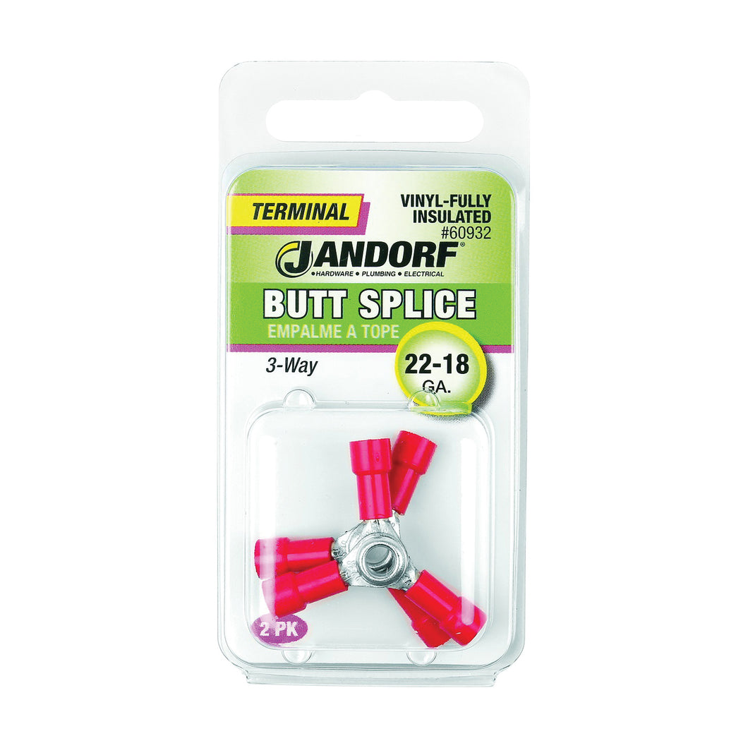 Jandorf 60932 Butt Splice Connector, 22 to 18 AWG Wire, Vinyl Insulation, Copper Contact, Red