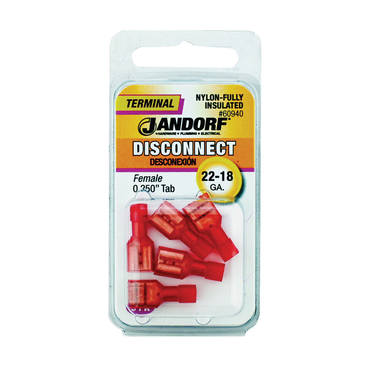 Jandorf 60940 Disconnect Terminal, 22 to 18 AWG Wire, Nylon Insulation, Copper Contact, Red