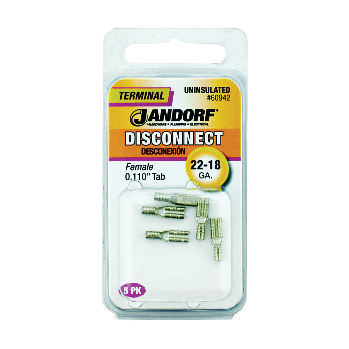 Jandorf 60942 Disconnect Terminal, 22 to 18 AWG Wire, Copper Contact