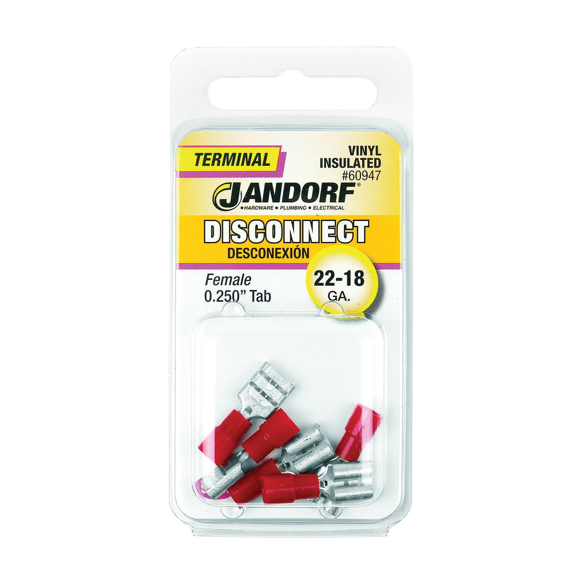Jandorf 60947 Disconnect Terminal, 22 to 18 AWG Wire, Vinyl Insulation, Copper Contact, Red