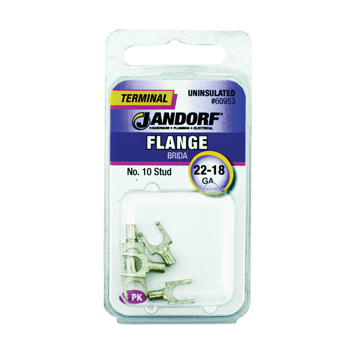 Jandorf 60953 Spade Terminal, 22 to 18 AWG Wire, #10 Stud, Copper Contact