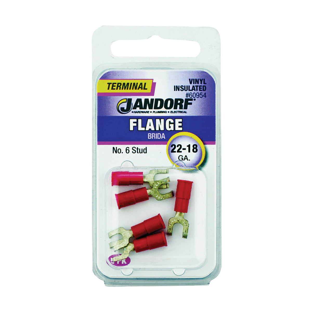 Jandorf 60954 Spade Terminal, 22 to 18 AWG Wire, #6 Stud, Vinyl Insulation, Copper Contact, Red