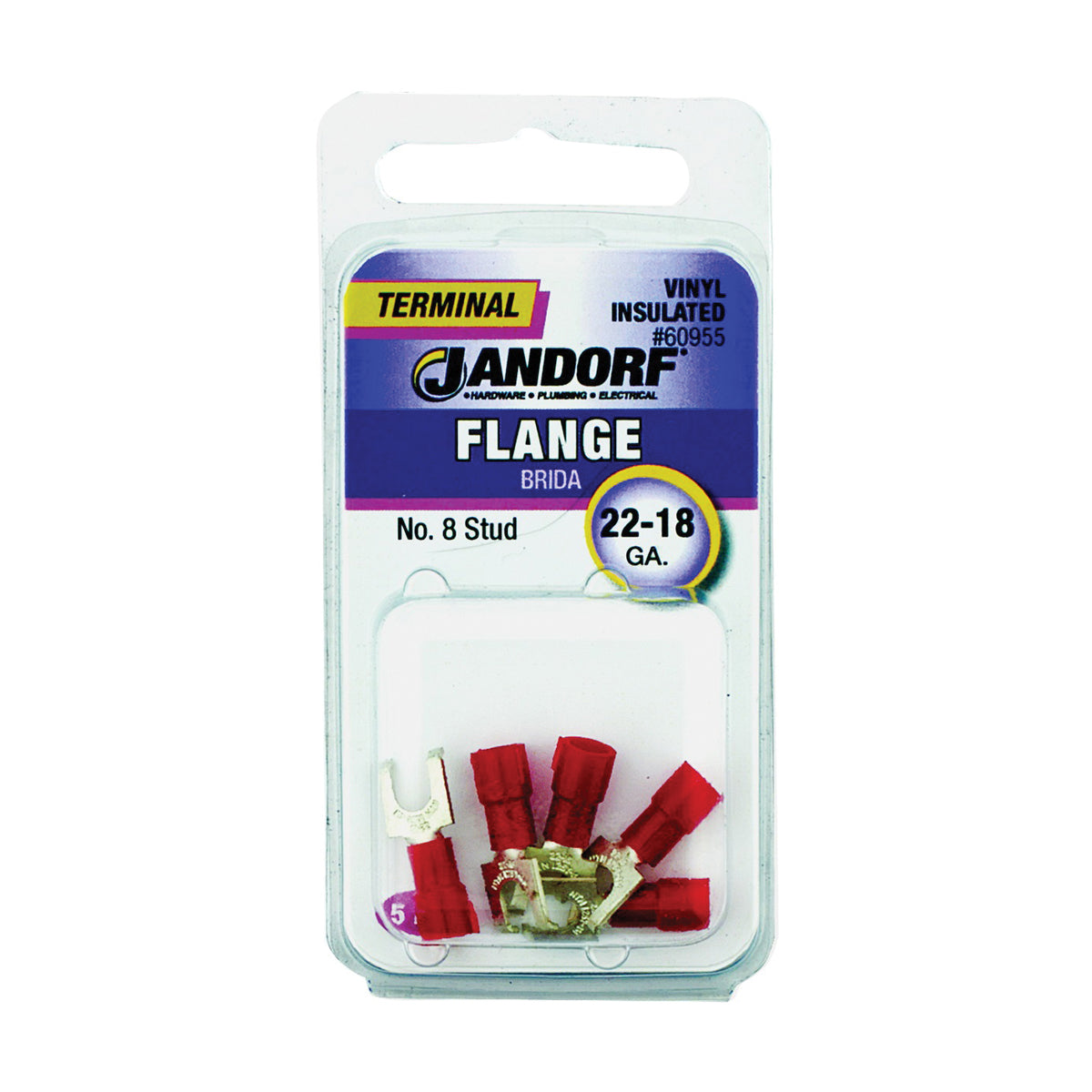 Jandorf 60955 Spade Terminal, 22 to 18 AWG Wire, #8 Stud, Vinyl Insulation, Copper Contact, Red