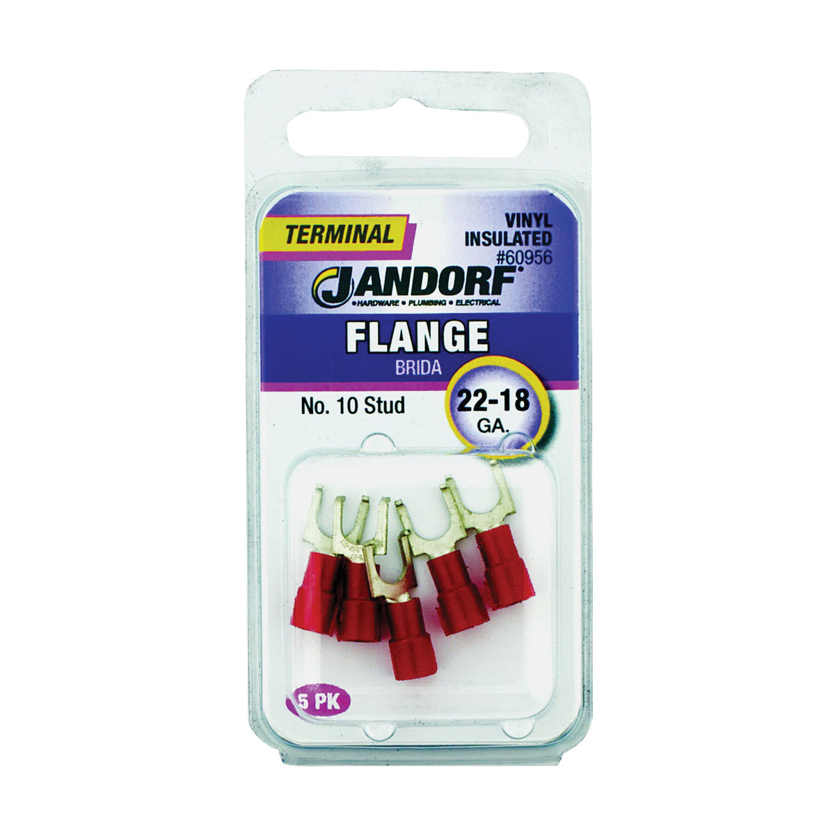 Jandorf 60956 Spade Terminal, 22 to 18 AWG Wire, #10 Stud, Vinyl Insulation, Copper Contact, Red