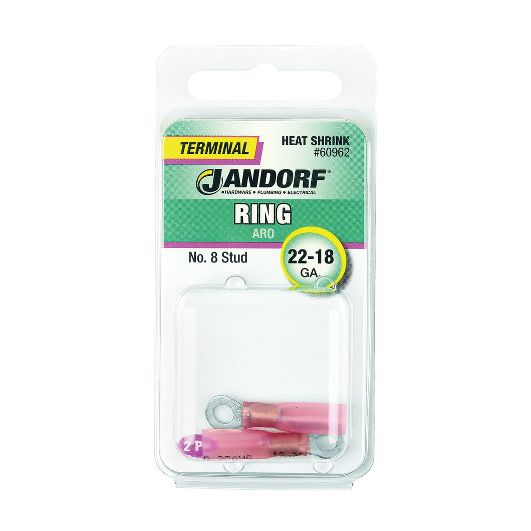 Jandorf 60962 Ring Terminal, 22 to 18 AWG Wire, #8 Stud, Copper Contact, Pink