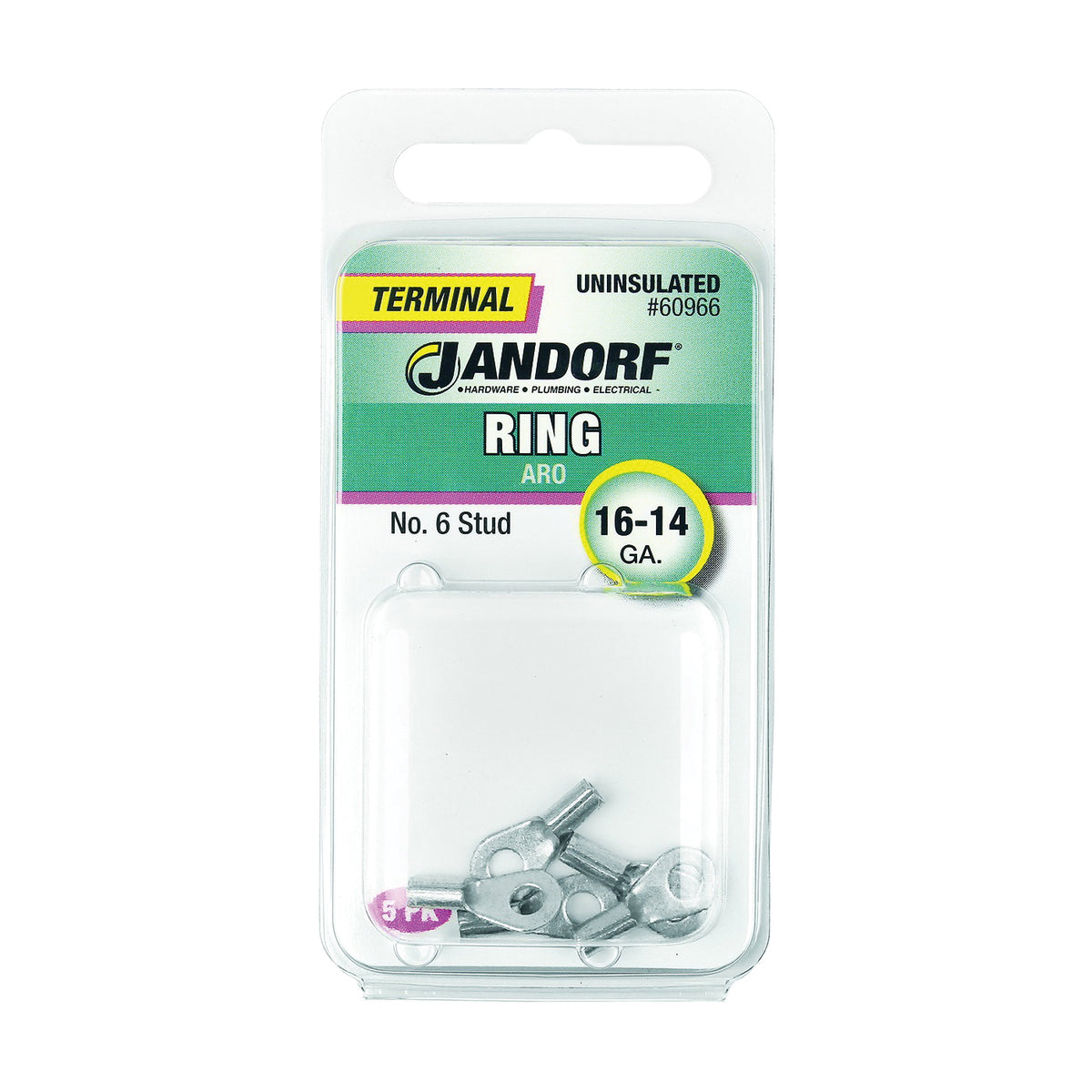 Jandorf 60966 Ring Terminal, 16 to 14 AWG Wire, #6 Stud, Copper Contact