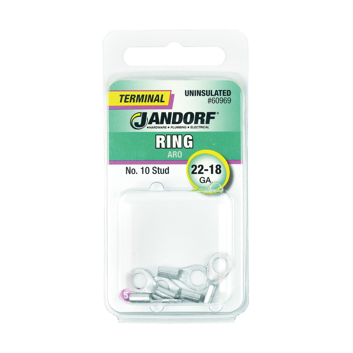 Jandorf 60969 Ring Terminal, 22 to 18 AWG Wire, #10 Stud, Copper Contact