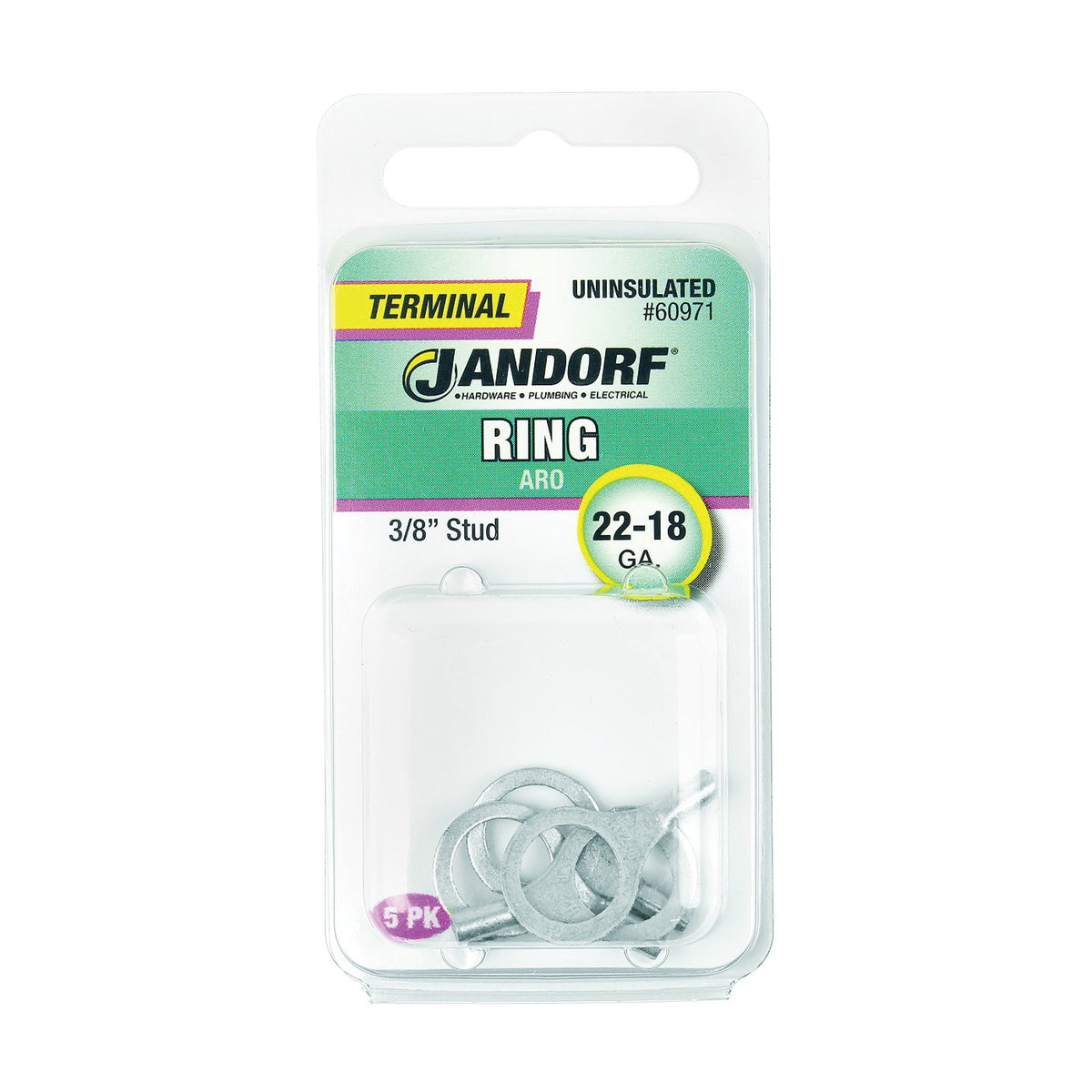 Jandorf 60971 Ring Terminal, 22 to 18 AWG Wire, 3/8 in Stud, Copper Contact