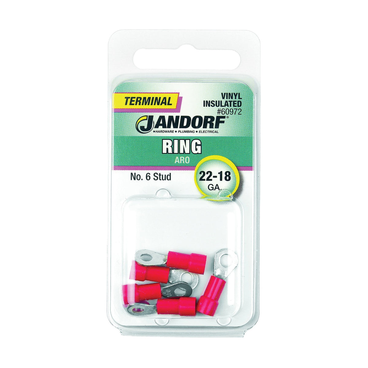 Jandorf 60972 Ring Terminal, 22 to 18 AWG Wire, #6 Stud, Vinyl Insulation, Copper Contact, Red