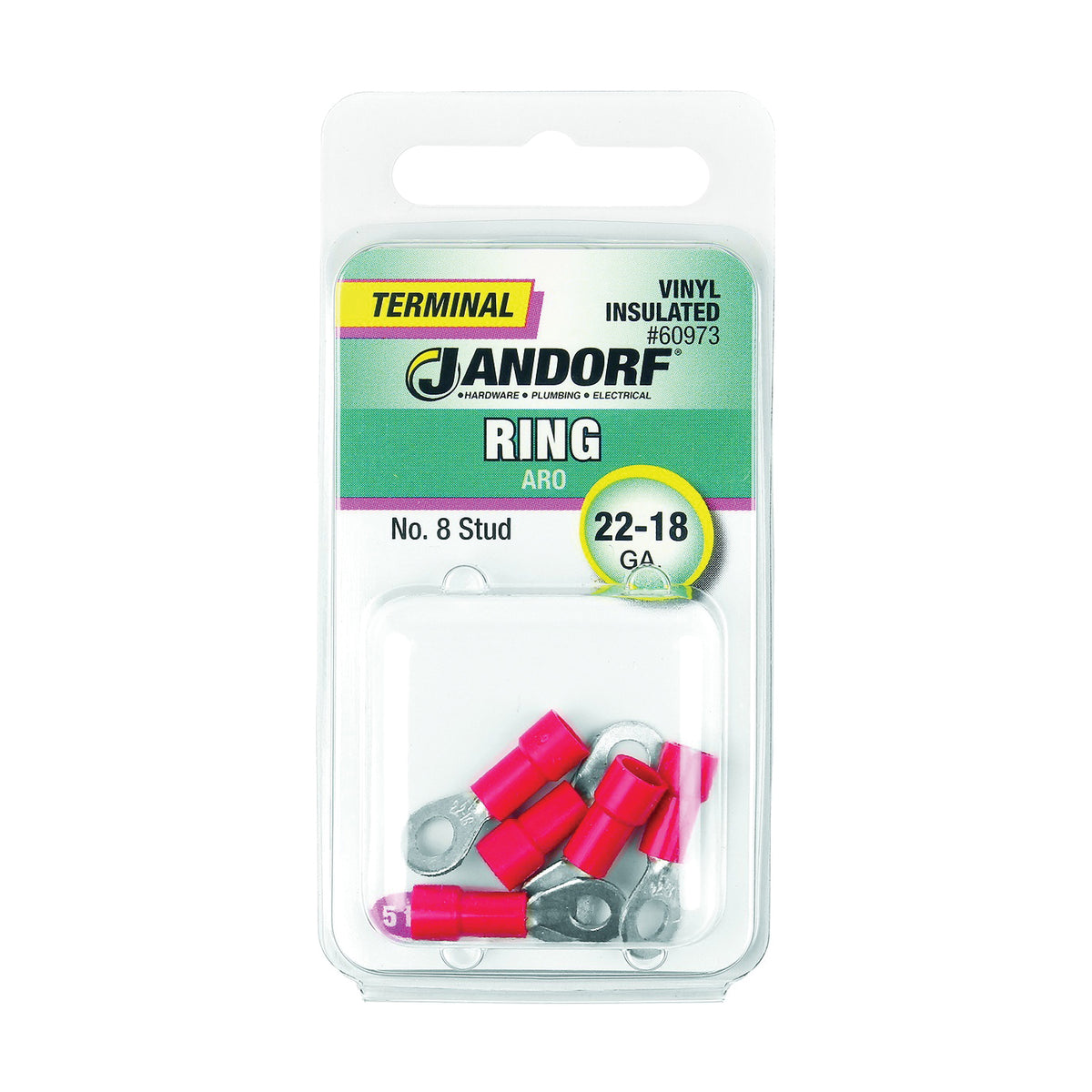 Jandorf 60973 Ring Terminal, 22 to 18 AWG Wire, #8 Stud, Vinyl Insulation, Copper Contact, Red