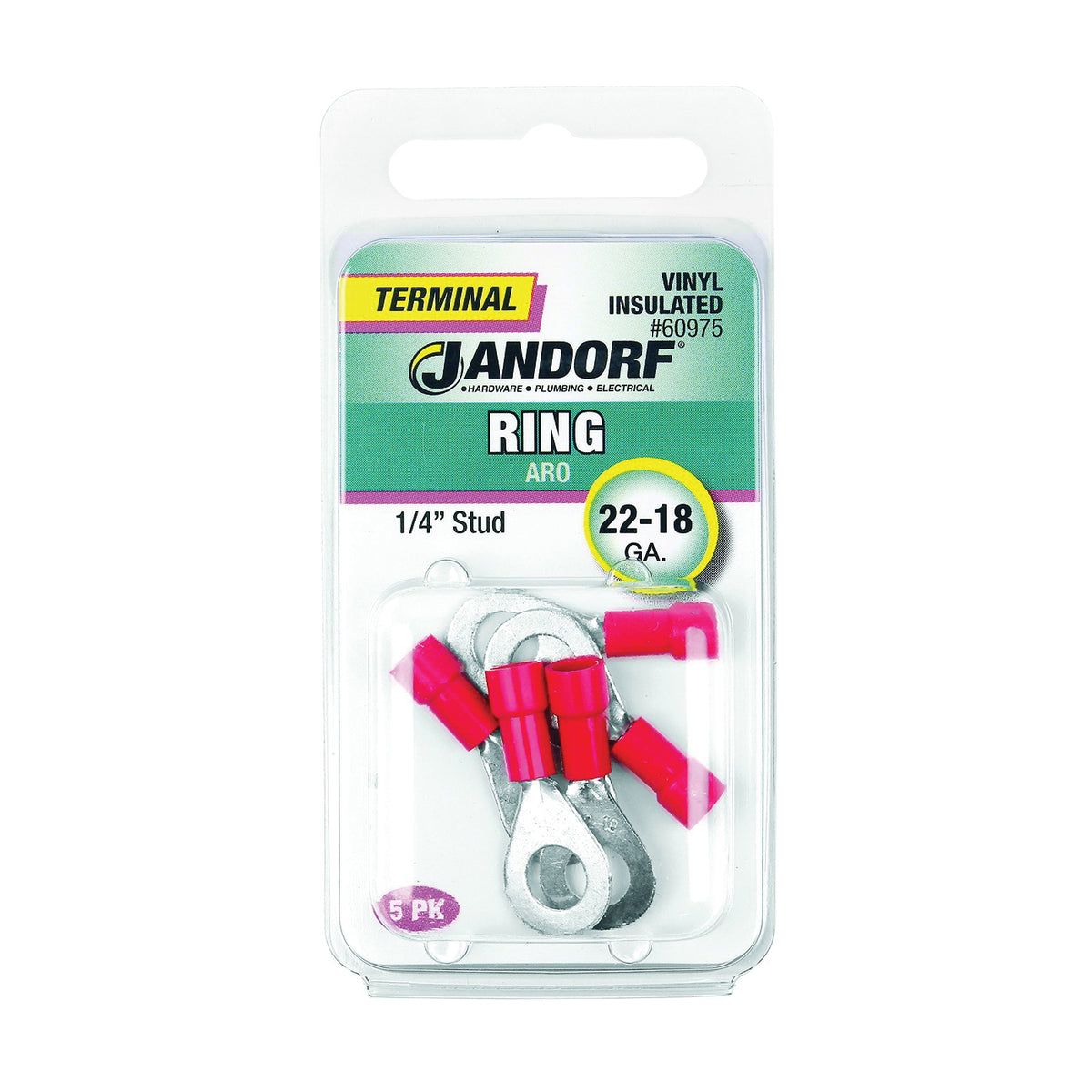 Jandorf 60975 Ring Terminal, 22 to 18 AWG Wire, 1/4 in Stud, Vinyl Insulation, Copper Contact, Red