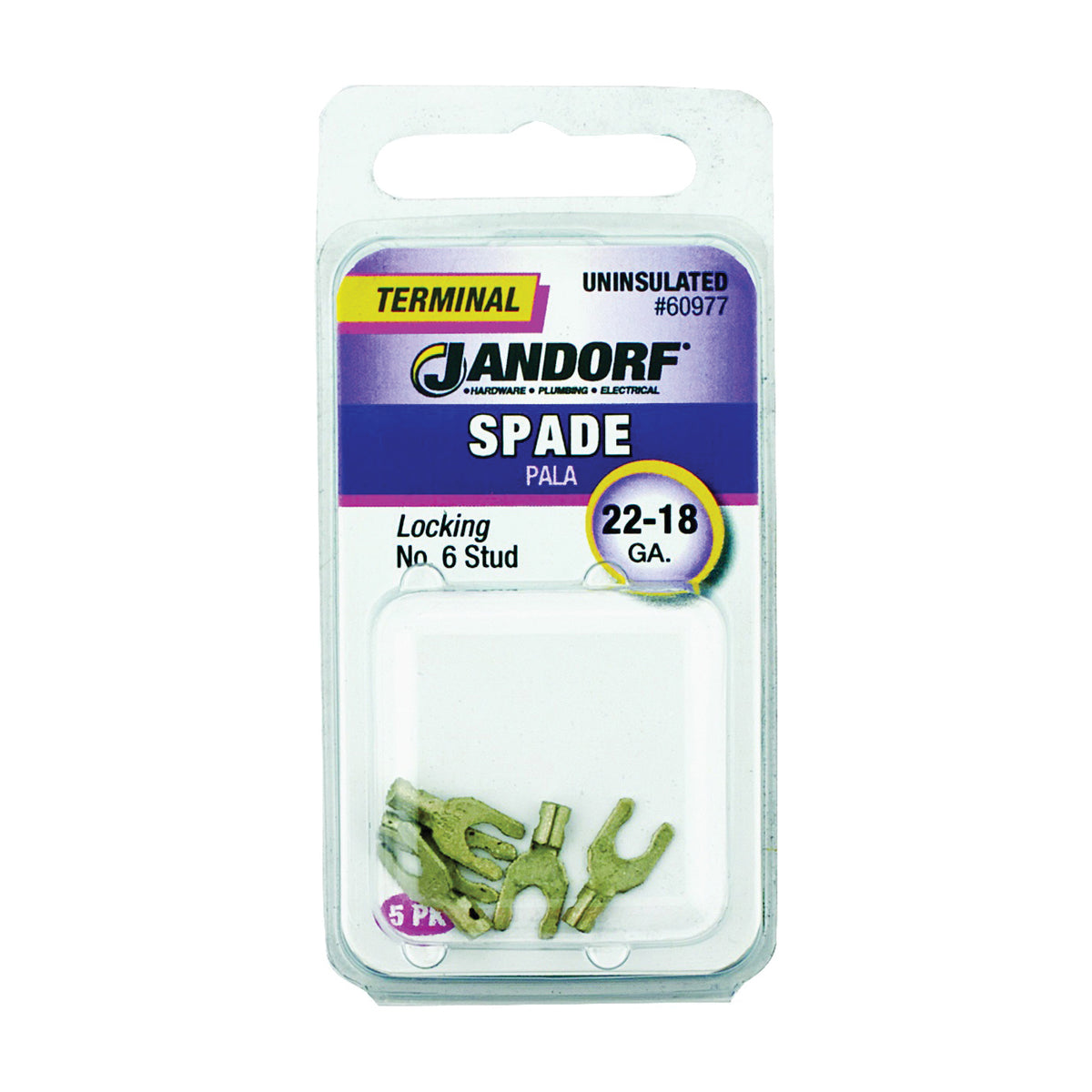 Jandorf 60977 Spade Terminal, 600 V, 22 to 18 AWG Wire, #6 Stud, Copper Contact