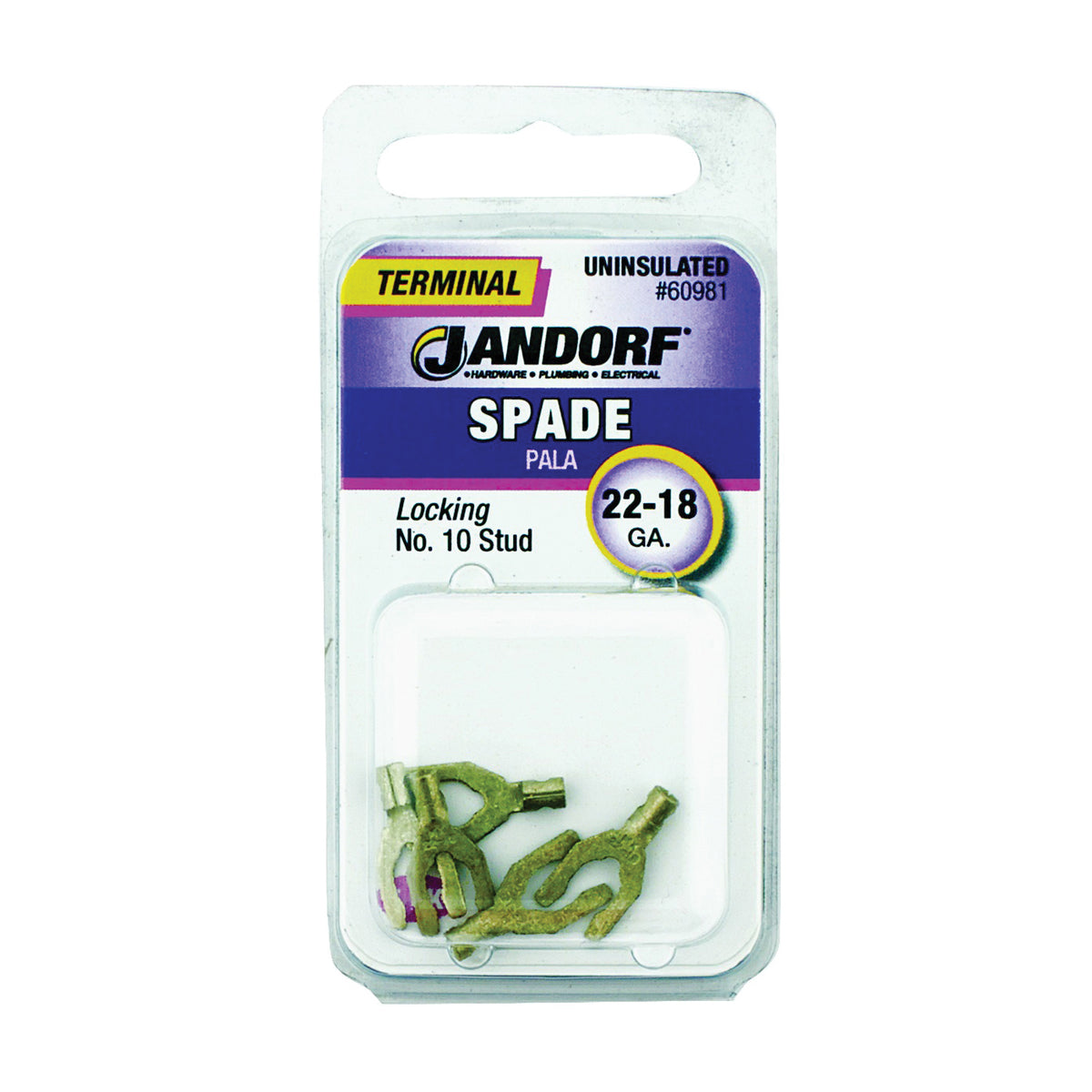 Jandorf 60981 Spade Terminal, 600 V, 22 to 18 AWG Wire, #10 Stud, Copper Contact