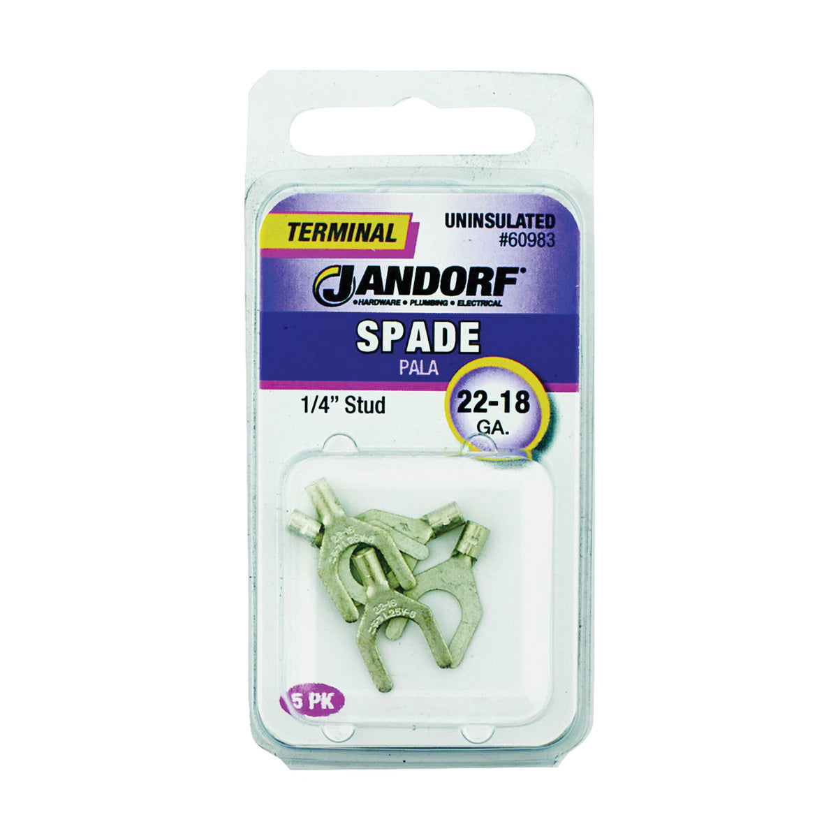 Jandorf 60983 Spade Terminal, 600 V, 22 to 18 AWG Wire, 1/4 in Stud, Copper Contact