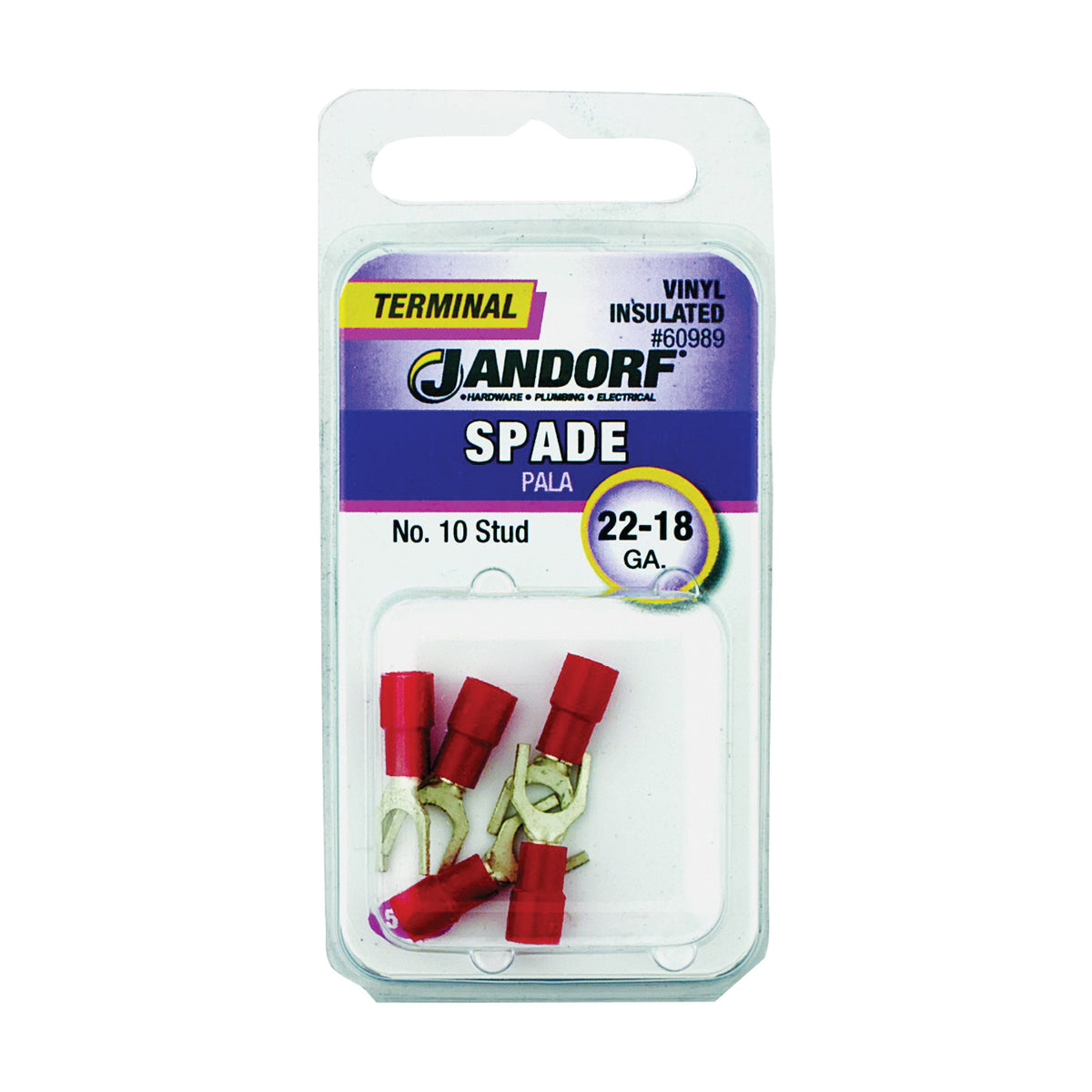 Jandorf 60989 Spade Terminal, 600 V, 22 to 18 AWG Wire, #10 Stud, Vinyl Insulation, Copper Contact, Red