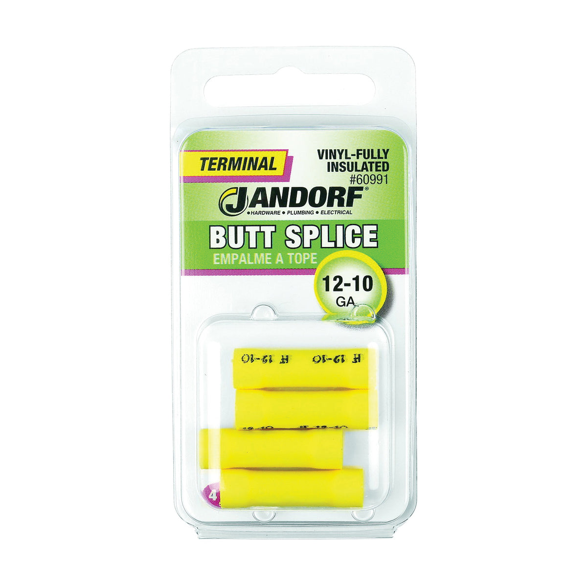 Jandorf 60991 Butt Splice Connector, 12 to 10 AWG Wire, Vinyl Insulation, Yellow