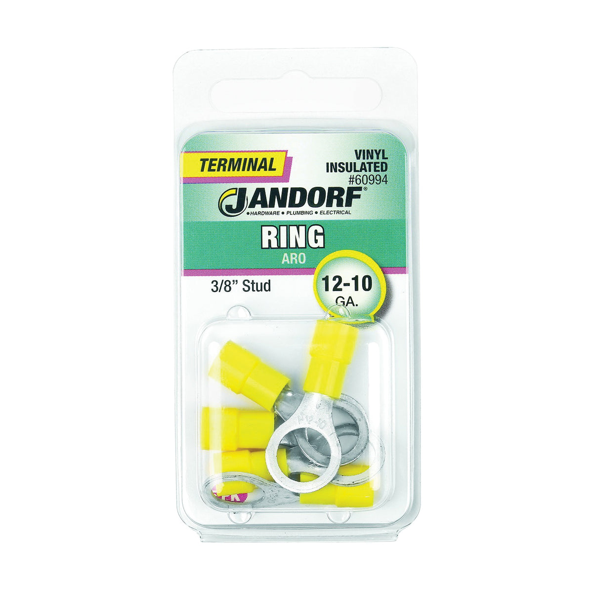 Jandorf 60994 Ring Terminal, 12 to 10 AWG Wire, 3/8 in Stud, Vinyl Insulation, Copper Contact, Yellow