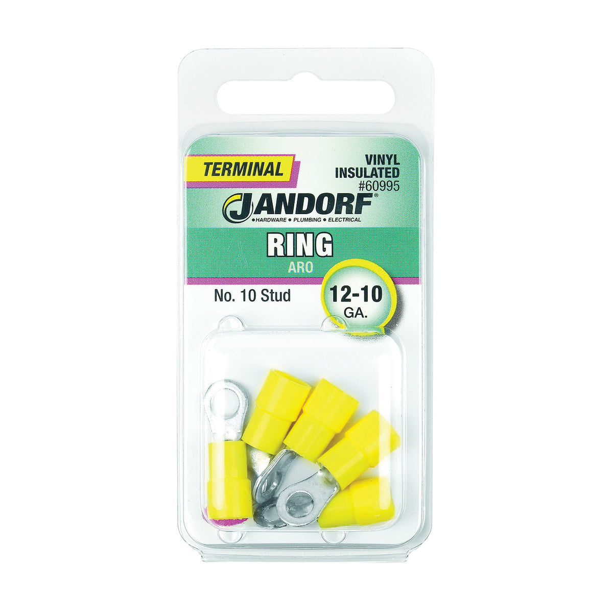 Jandorf 60995 Ring Terminal, 12 to 10 AWG Wire, #10 Stud, Vinyl Insulation, Copper Contact, Yellow