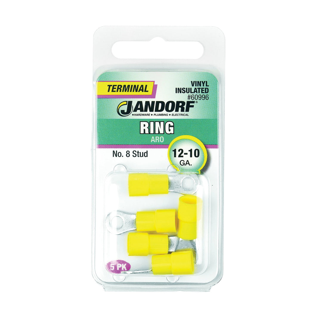 Jandorf 60996 Ring Terminal, 12 to 10 AWG Wire, #8 Stud, Vinyl Insulation, Copper Contact, Yellow
