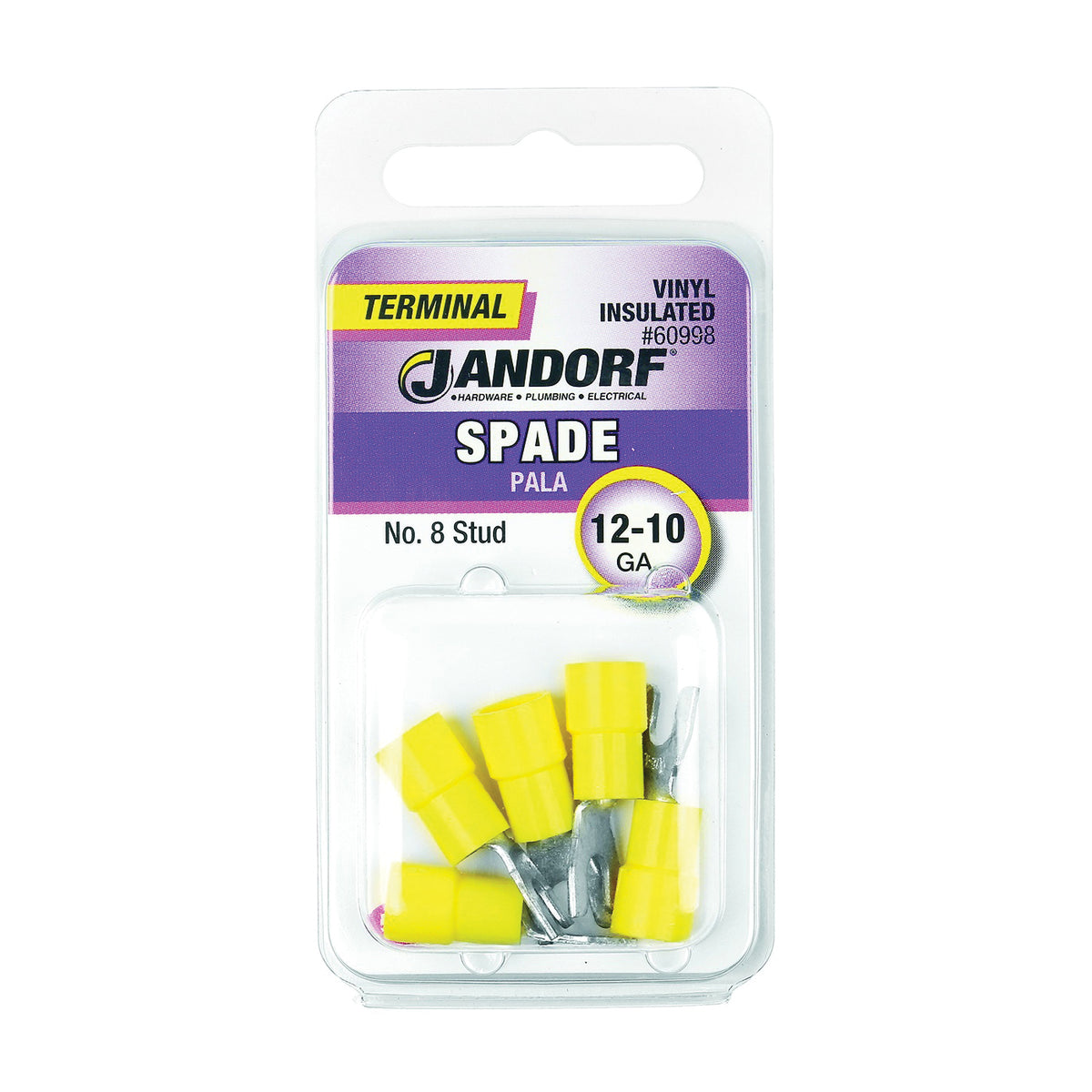 Jandorf 60998 Spade Terminal, 600 V, 12 to 10 AWG Wire, #8 Stud, Vinyl Insulation, Copper Contact, Yellow