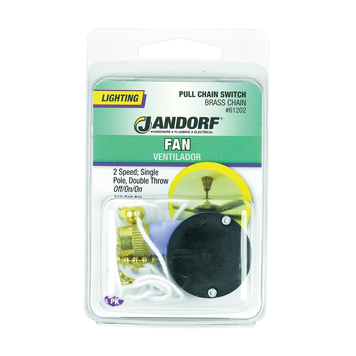 Jandorf 61202 Pull Chain Switch, 1-Pole, 125 V, 3 A, Brass