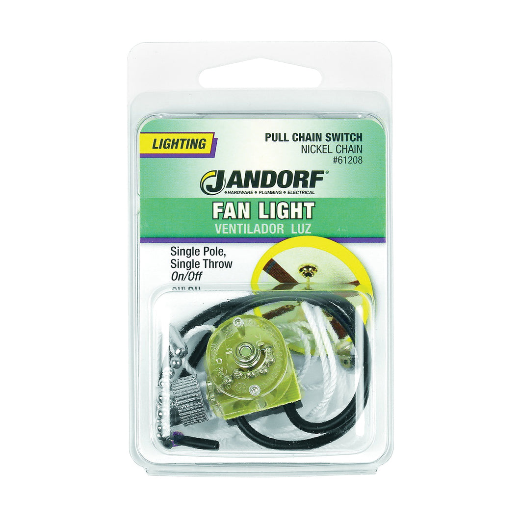 Jandorf 61208 Pull Chain Switch, 1-Pole, 125 V, 3 A, Nickel