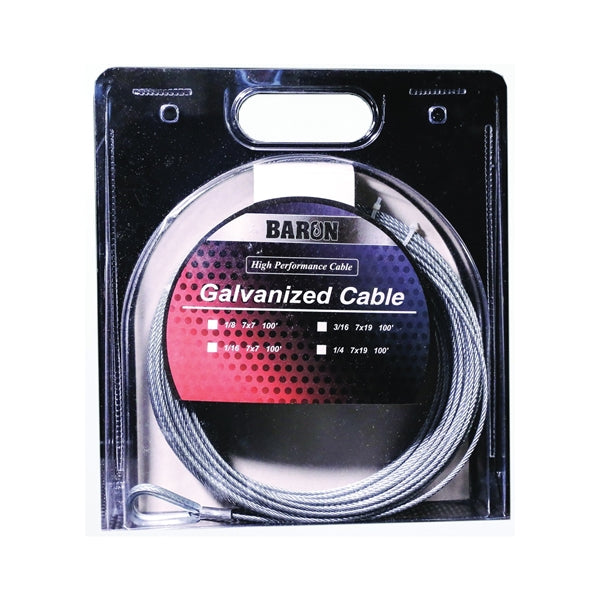 BARON 76005/50067 Aircraft Cable, 1/16 in Dia, 100 ft L, 96 lb Working Load, Galvanized Steel