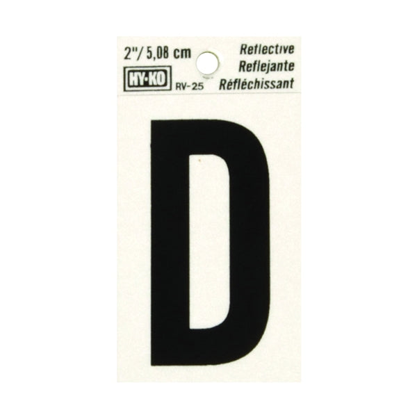 HY-KO RV-25/D Reflective Letter, Character: D, 2 in H Character, Black Character, Silver Background, Vinyl