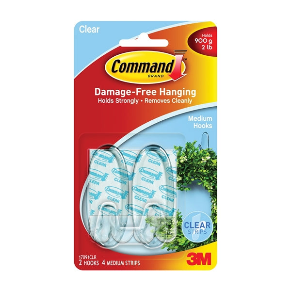 Command 17091CLR Adhesive Hook, 2 lb, 2-Hook, Plastic, Clear