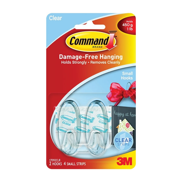 Command 17092CLR Adhesive Hook, 1 lb, 2-Hook, Plastic, Clear