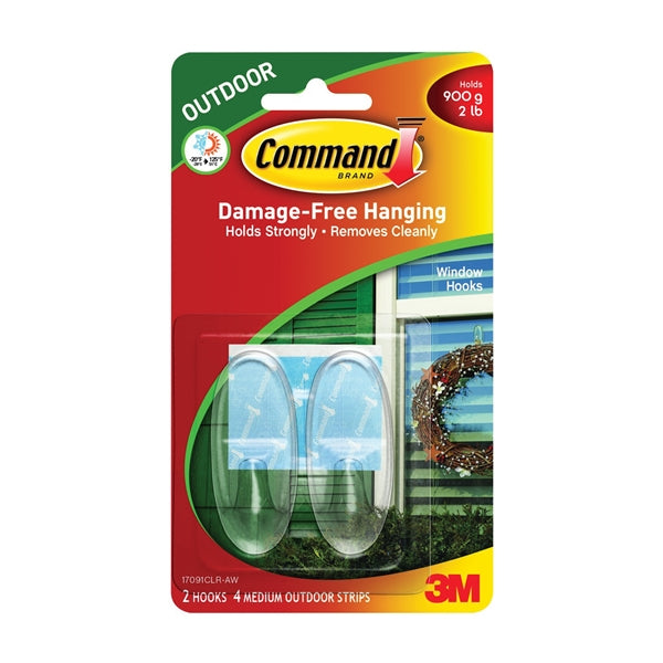 Command 17091CLR-AW Window Hook, 2 lb, 2-Hook, Plastic, Clear