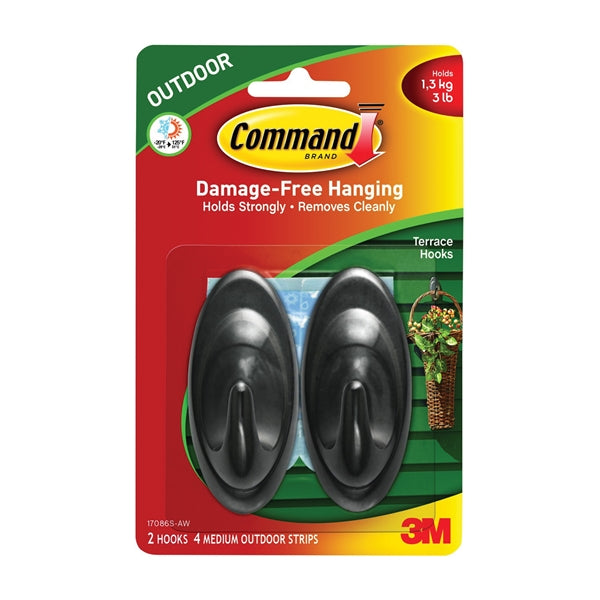Command 17086S-AW Terrace Hook, 3 lb, 2-Hook, Plastic, Slate