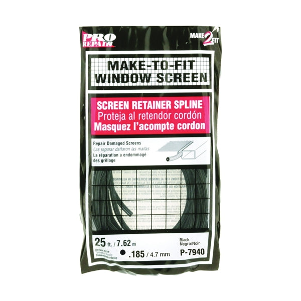 Make-2-Fit P7940 Screen Retainer Spline, 0.185 in D, 25 ft L, Vinyl, Black, Round