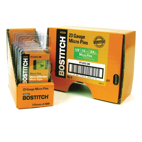 Bostitch PT-2312-3M Pin Nail, 0.64 in Dia, 1/2 in L, 23 ga Thick, Steel, Bright