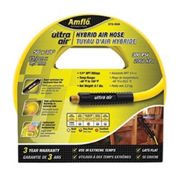 Amflo 575-50A Hybrid Air Hose, 3/8 in ID, 50 ft L, MNPT, 300 psi Pressure, Polymer, Yellow