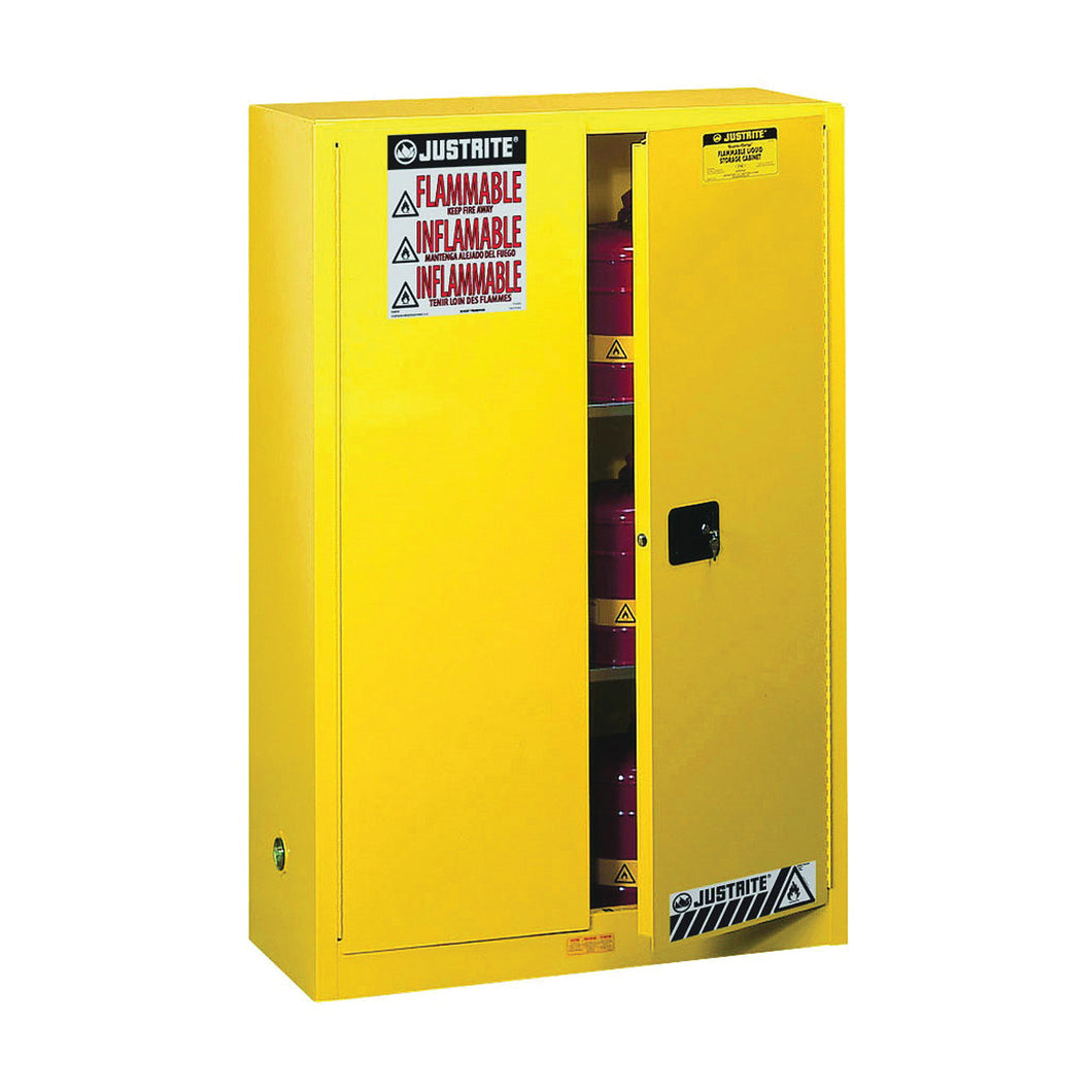 JUSTRITE Sure-Grip Series 894500 Safety Cabinet, 45 gal, 43 in OAW, 65 in OAH, 18 in OAD, 2-Shelf, Steel, Yellow