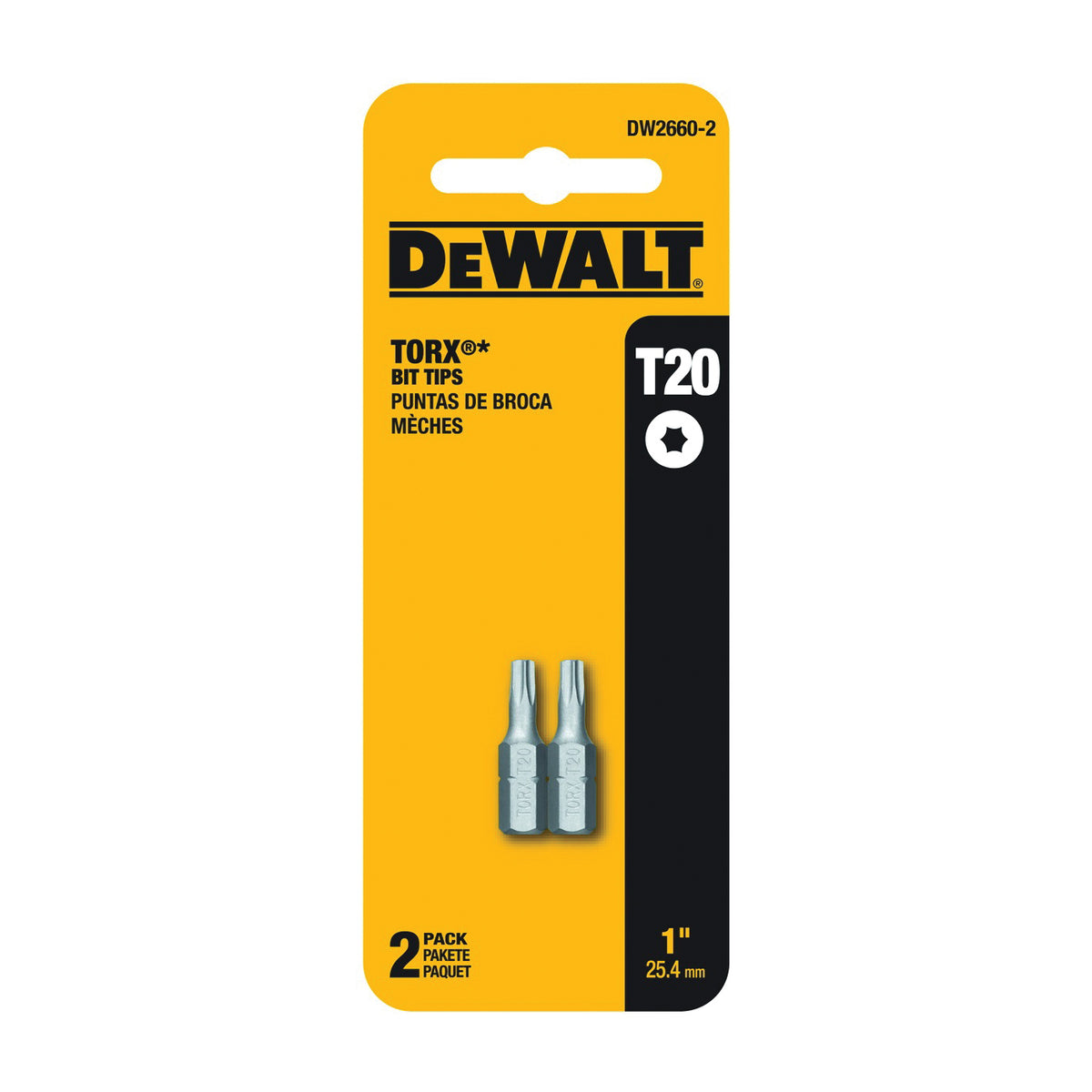 DeWALT DW2660-2 Power Bit, T20 Drive, Torx Drive, 1/4 in Shank, Hex Shank, 1 in L, Steel