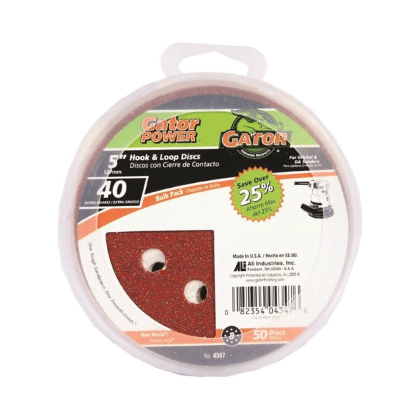 Gator 4347 Sanding Disc, 5 in Dia, 40 Grit, Extra Coarse, Aluminum Oxide Abrasive, Vented