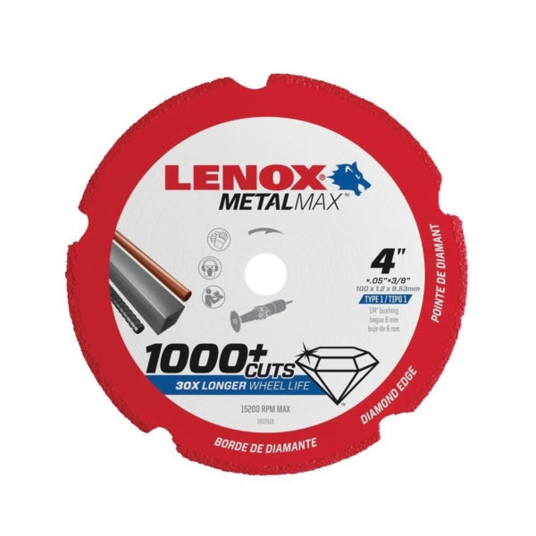 Lenox MetalMax 1972919 Cut-Off Wheel, 4 in Dia, 3/64 in Thick, 3/8 in Arbor, 40, 50 Grit, Diamond Abrasive