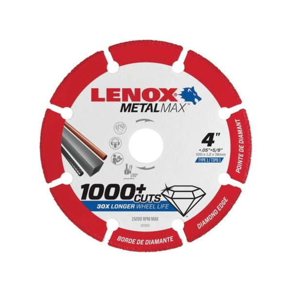 Lenox MetalMax 1972920 Cut-Off Wheel, 4 in Dia, 3/64 in Thick, 5/8 in Arbor, 40, 50 Grit, Diamond Abrasive