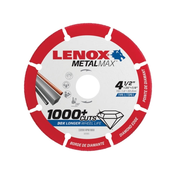 Lenox MetalMax 1972921 Cut-Off Wheel, 4-1/2 in Dia, 3/64 in Thick, 7/8 in Arbor, 40, 50 Grit, Diamond Abrasive