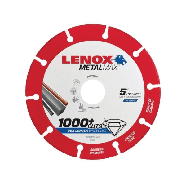 Lenox MetalMax 1972922 Cut-Off Wheel, 5 in Dia, 3/64 in Thick, 7/8 in Arbor, 40, 50 Grit, Diamond Abrasive