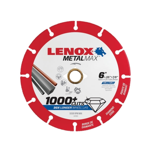 Lenox MetalMax 1972923 Cut-Off Wheel, 6 in Dia, 3/64 in Thick, 7/8 in Arbor, 40, 50 Grit, Diamond Abrasive