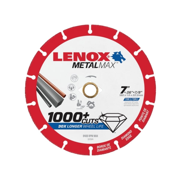 Lenox MetalMax 1972924 Cut-Off Wheel, 7 in Dia, 1/16 in Thick, 7/8 in Arbor, 40, 50 Grit, Diamond Abrasive