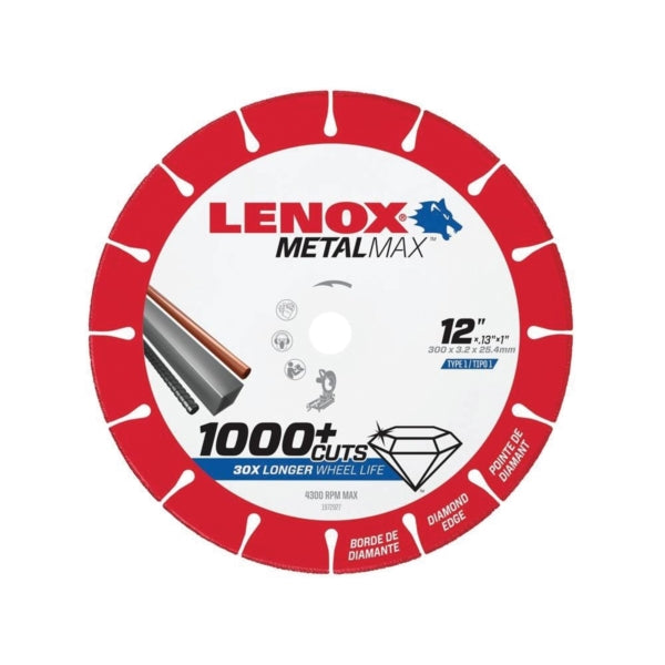 Lenox MetalMax 1972927 Cut-Off Wheel, 12 in Dia, 0.13 in Thick, 1 in Arbor, 25, 30 Grit, Diamond Abrasive