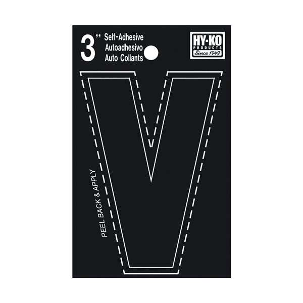 HY-KO 30400 Series 30432 Die-Cut Letter, Character: V, 3 in H Character, Black Character, Vinyl