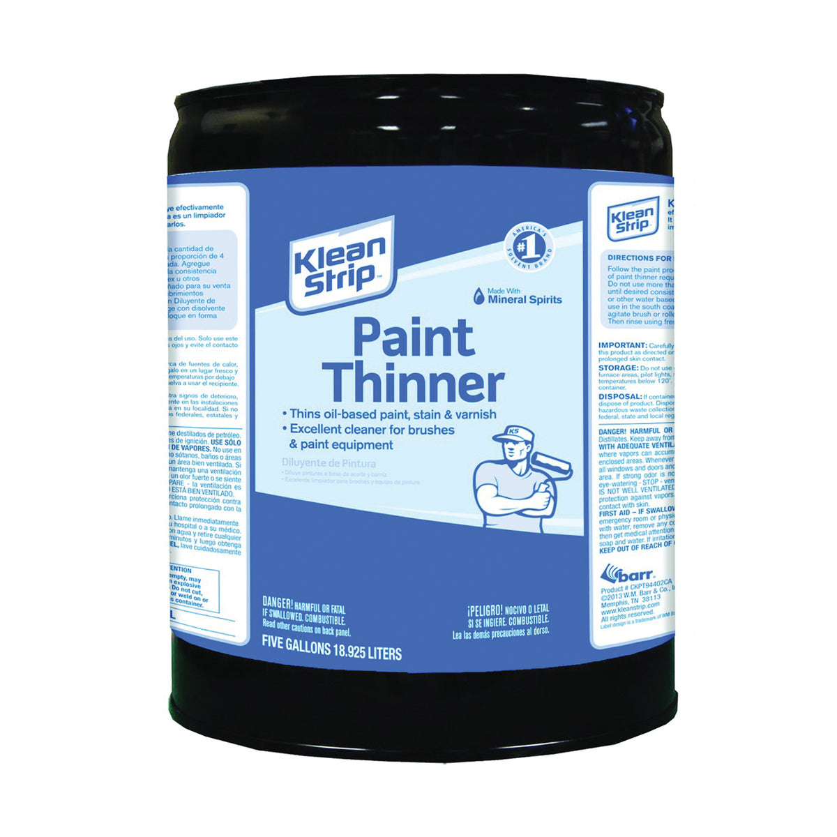 Klean Strip CKPT94402CA Paint Thinner, Liquid, Aromatic Hydrocarbon, Water White, 5 gal, Can