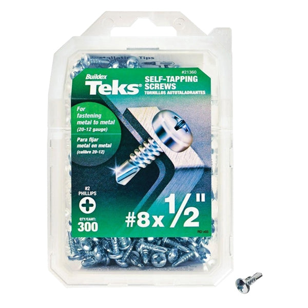 Teks 21360 Screw, #8 Thread, 1-1/4 in L, Coarse Thread, Pan Head, Phillips Drive, Self-Drilling, Self-Tapping Point